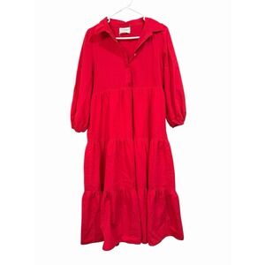 Tuckernuck Pomander Place Mabel Maxi Dress Med Hibiscus Red Tiered Puff Sleeve